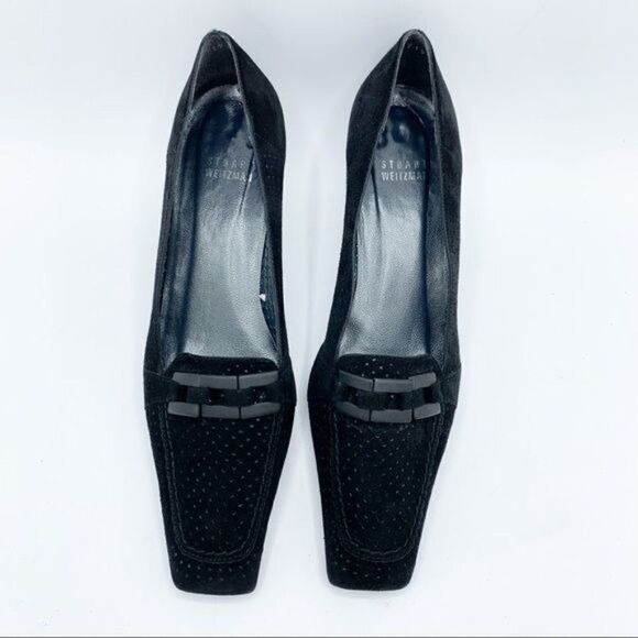Stuart Weitzman Vintage Perforated Black Suede Heeled Loafers Sz 7 Work Office C - Picture 5 of 12
